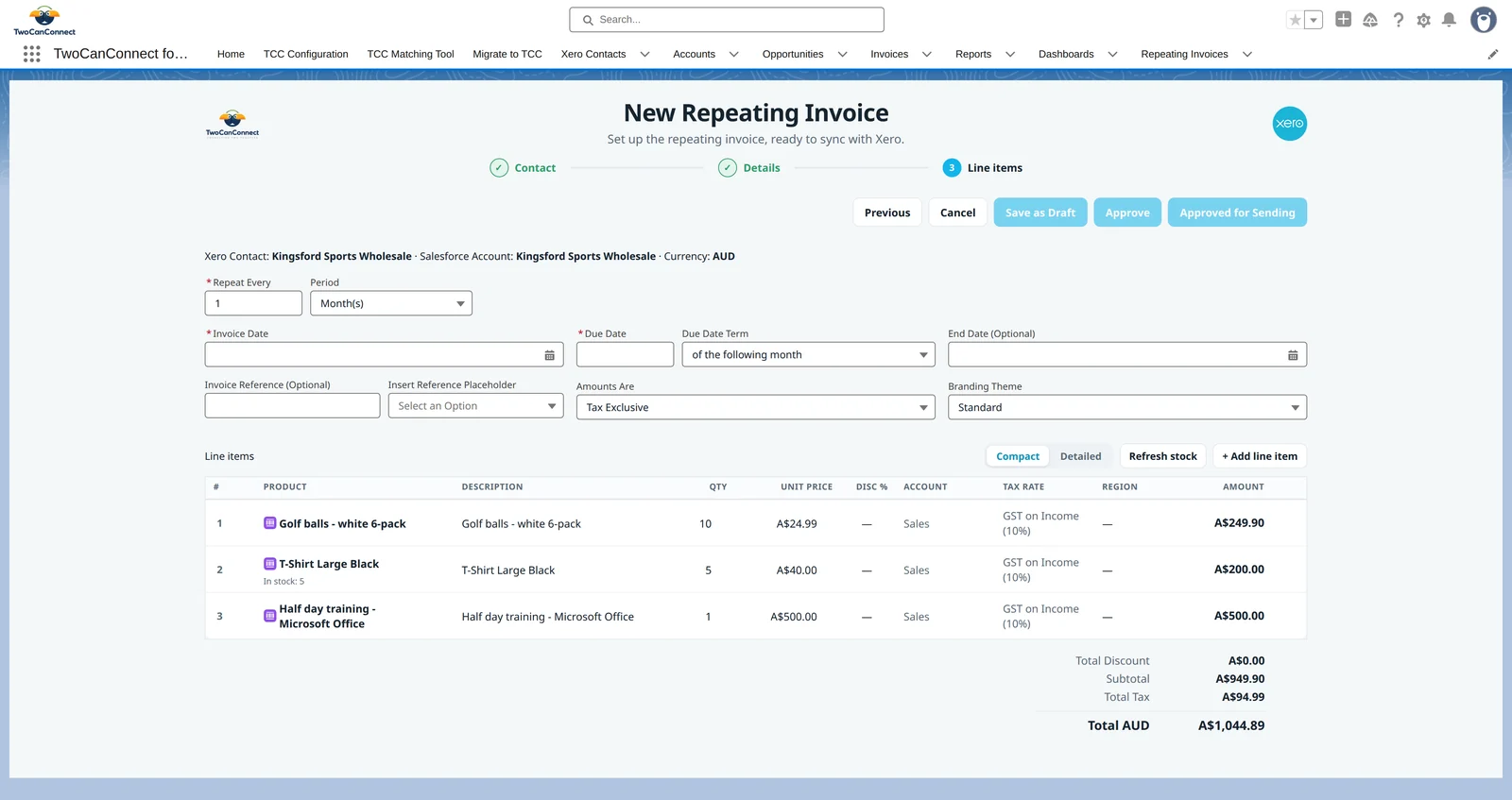 The New Repeating Invoice wizard: Repeat Every and Period, Invoice Date, Due Date and Due Date Term, End Date, Invoice Reference with a placeholder picker, Amounts Are, Branding Theme, then line items