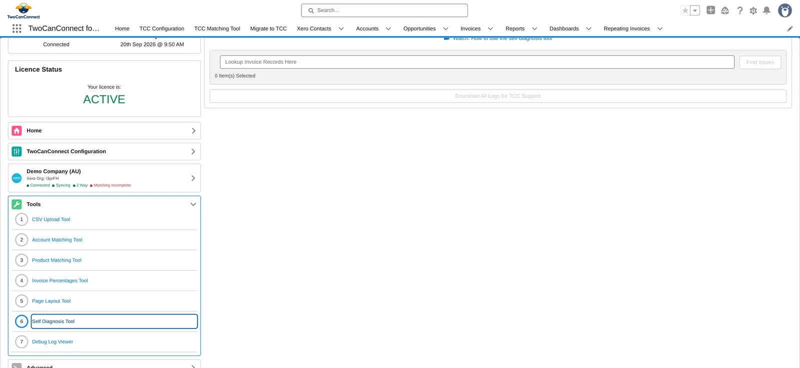The Self Diagnosis Tool with an invoice found and its issues listed