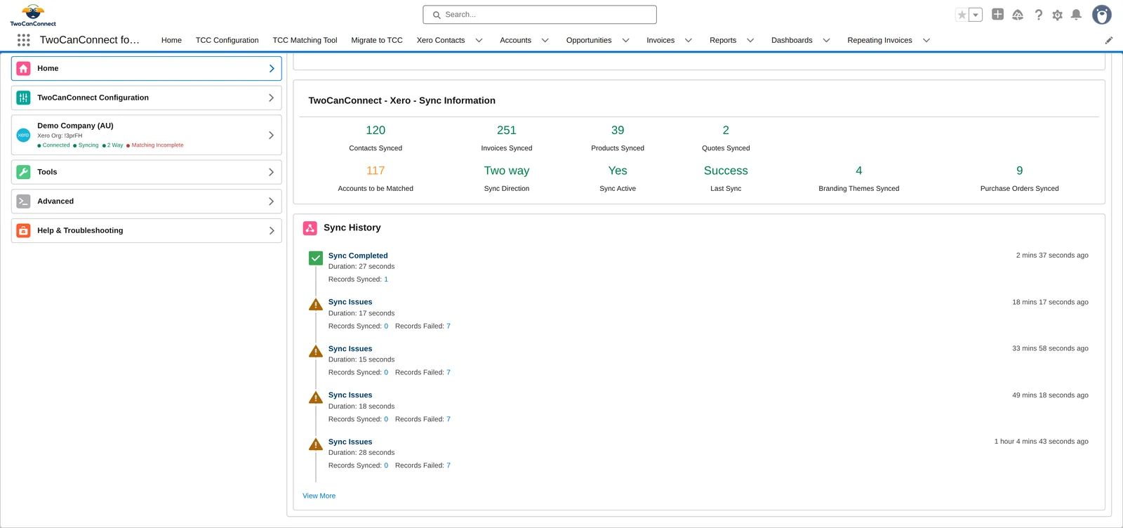 Sync History on the configuration home screen: the latest run marked Sync Completed, earlier runs marked Sync Issues with Records Synced and Records Failed links