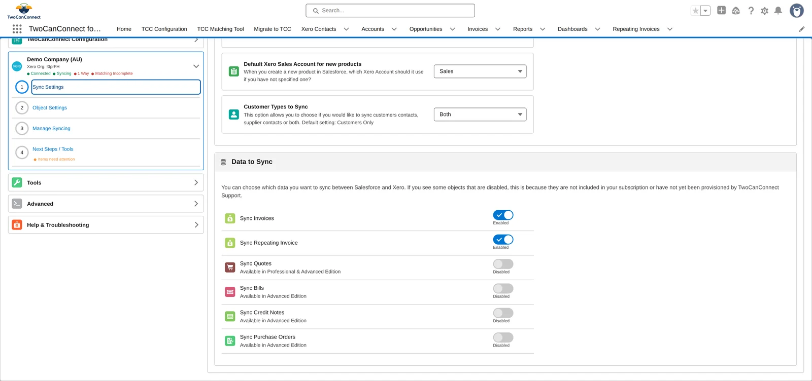 The Data to Sync card with a toggle for invoices, repeating invoices, quotes, bills, credit notes and purchase orders