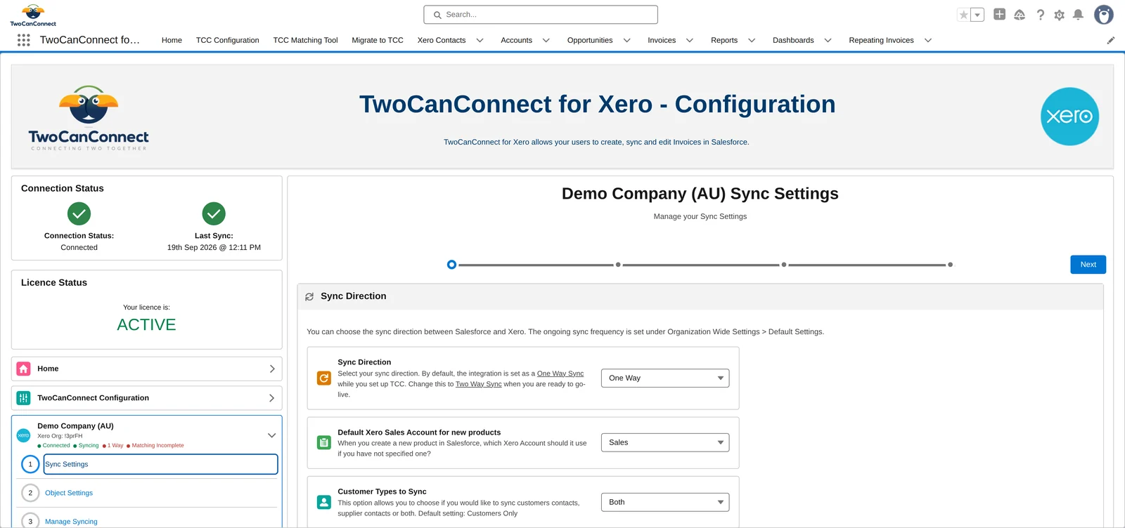 The Sync Settings screen showing sync direction, default sales account and customer types