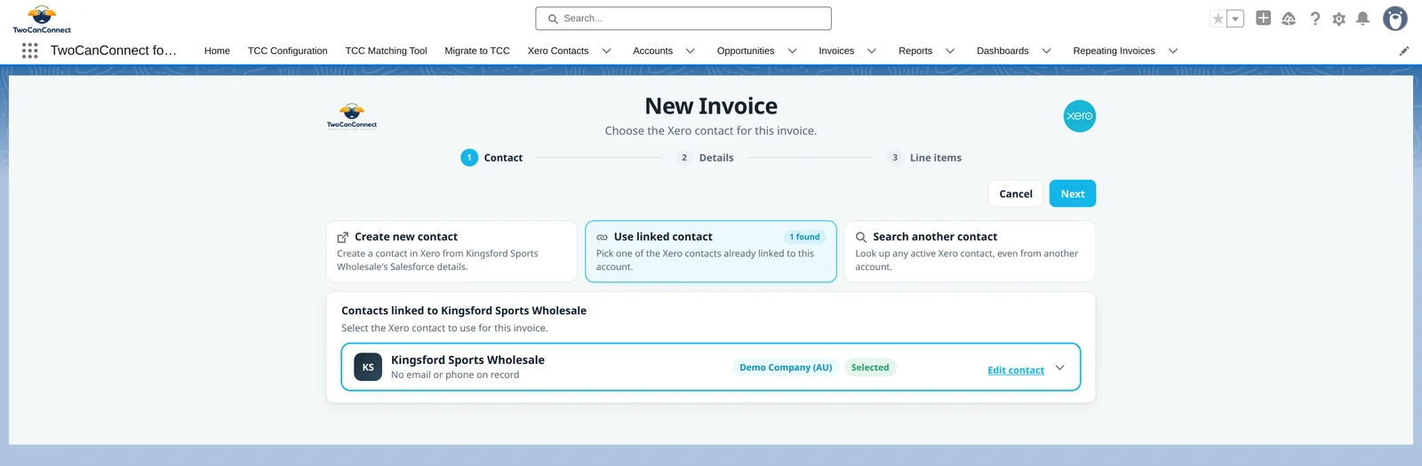 Step 1 of the New Invoice wizard with Use linked contact selected and one Xero contact listed