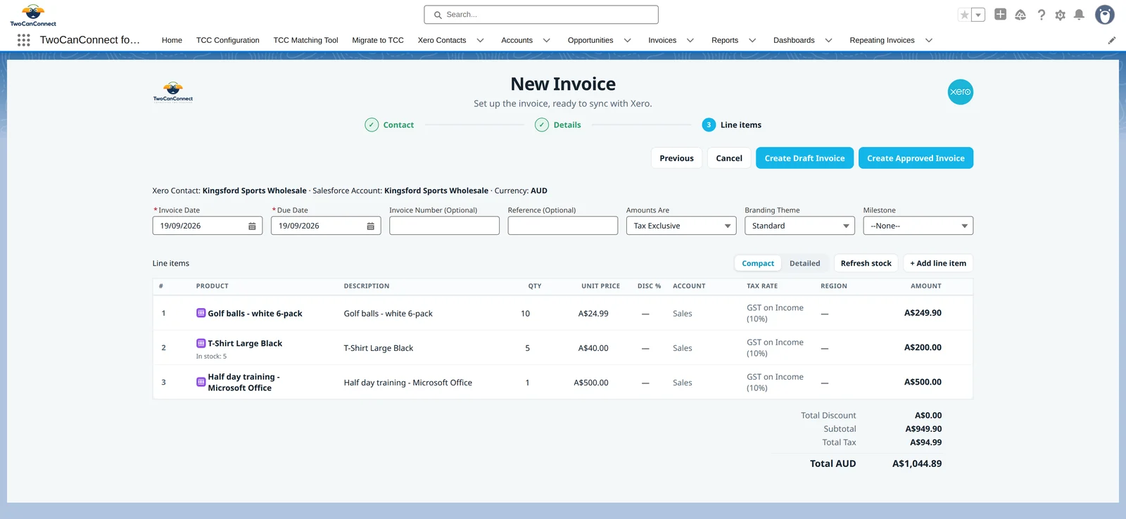 The Details and Line items screen: invoice date, due date, amounts and branding theme, then three line items with quantity, unit price, Xero account and tax rate, and totals