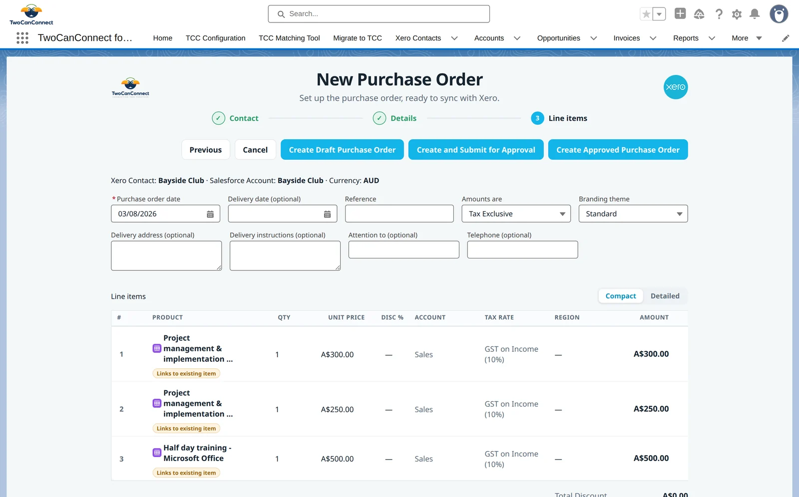 The purchase order details screen
