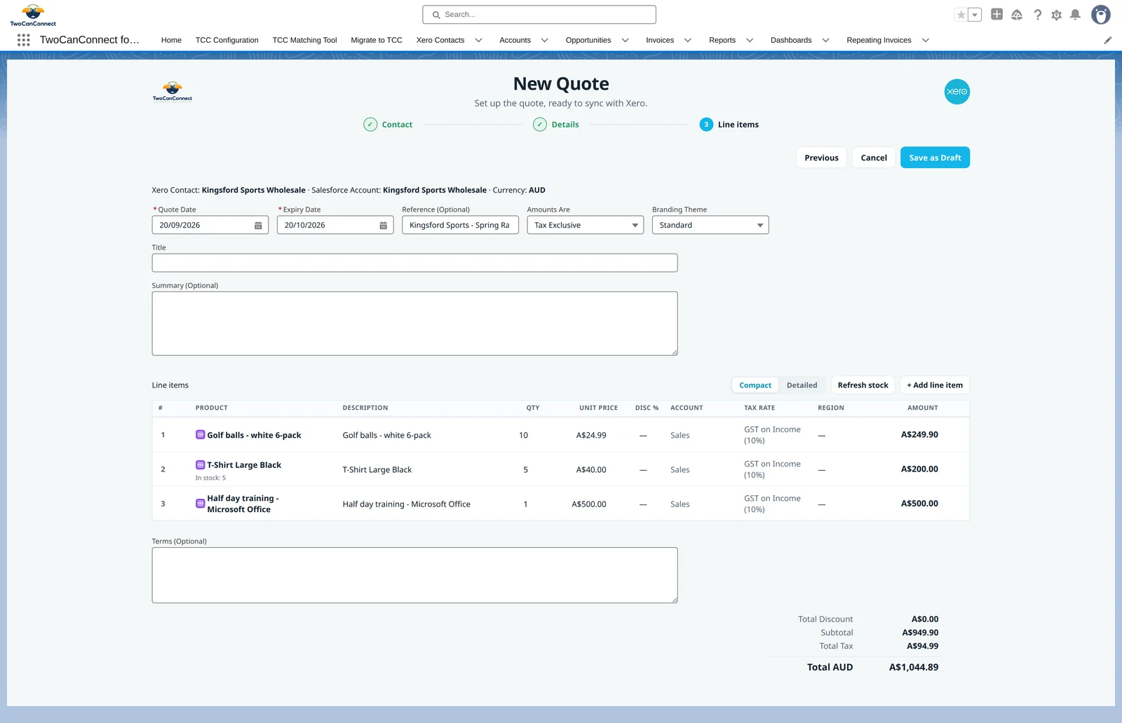 The quote details screen with quote date, expiry date, title, reference, summary and terms