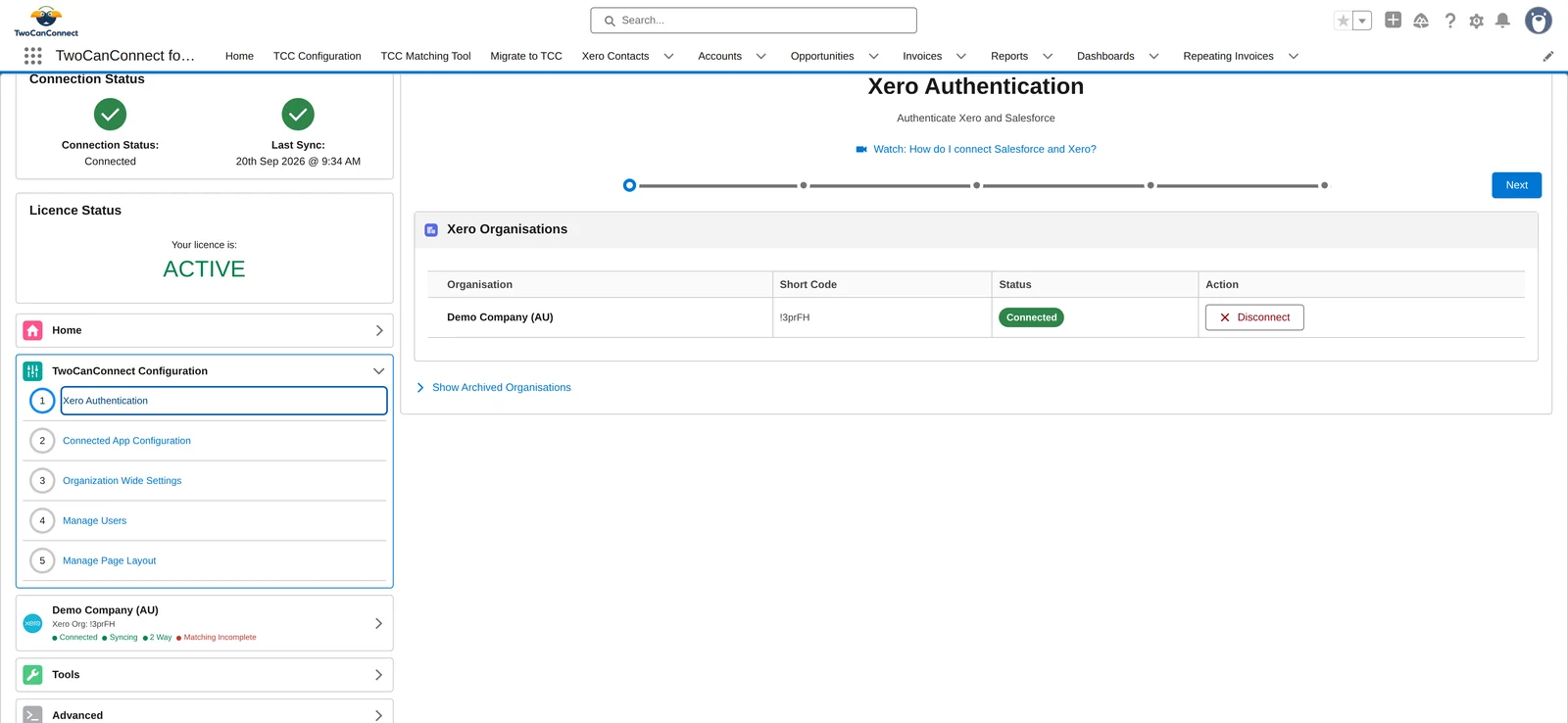 The Xero Authentication screen listing connected Xero organisations