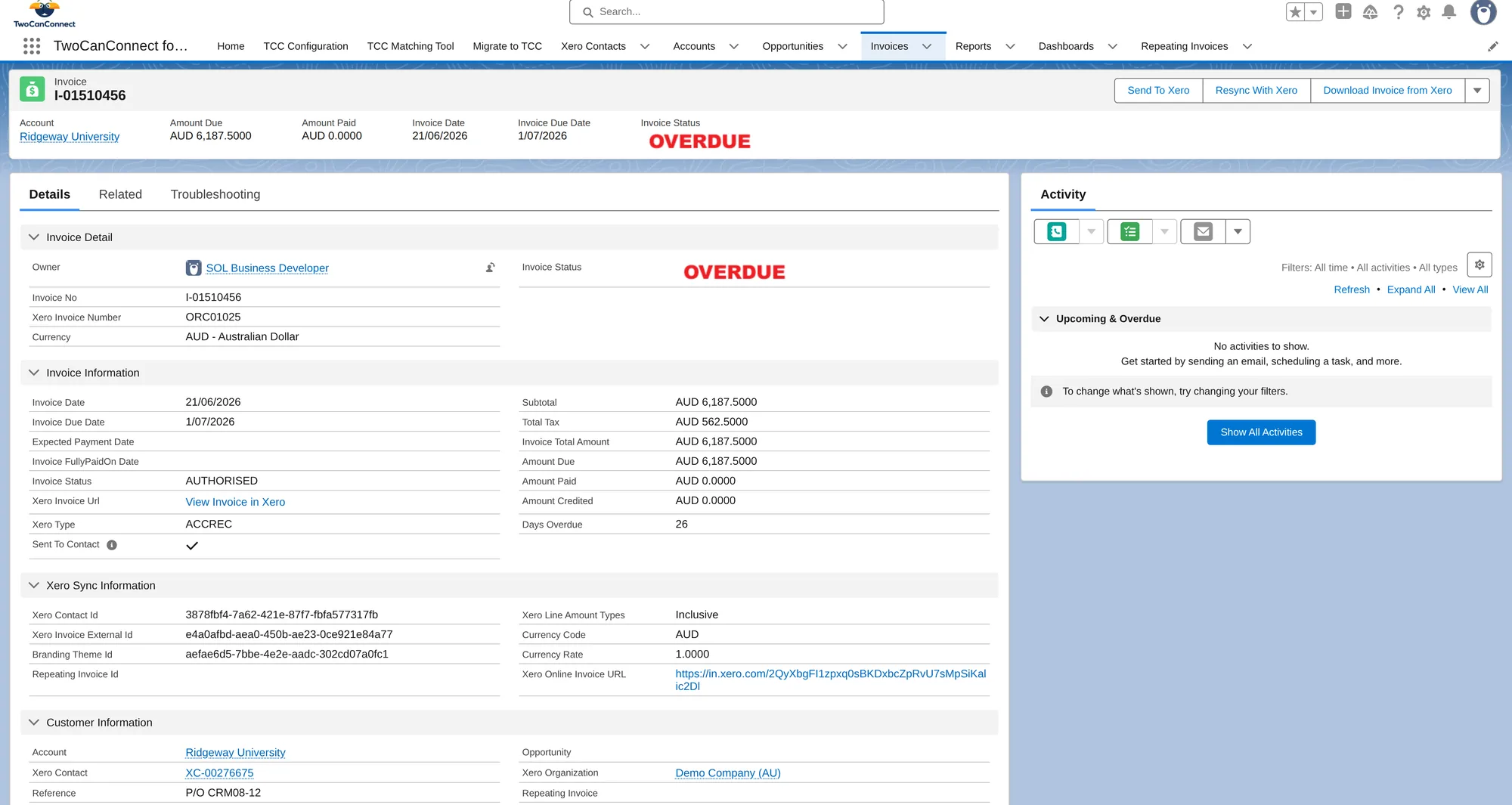 Overdue invoice — status straight from Xero