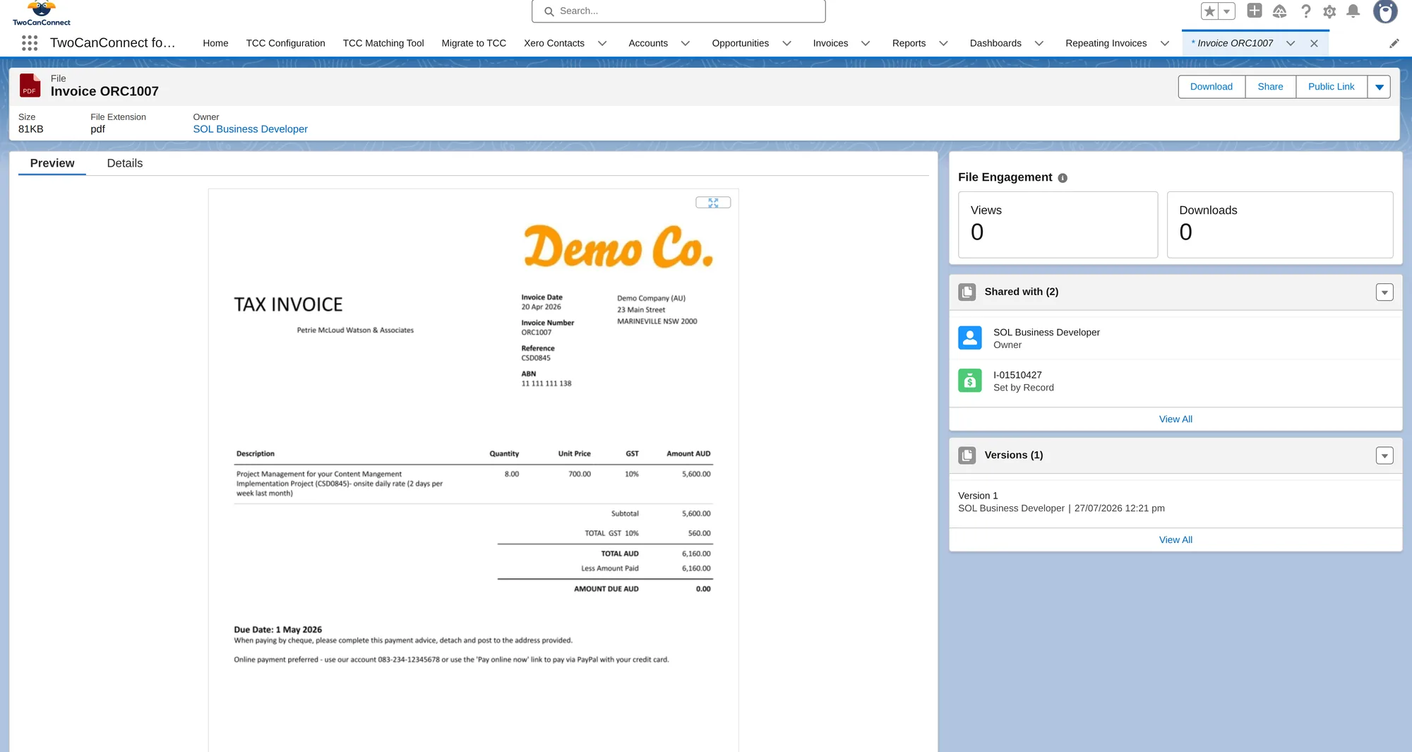 The Xero invoice PDF, attached in Salesforce