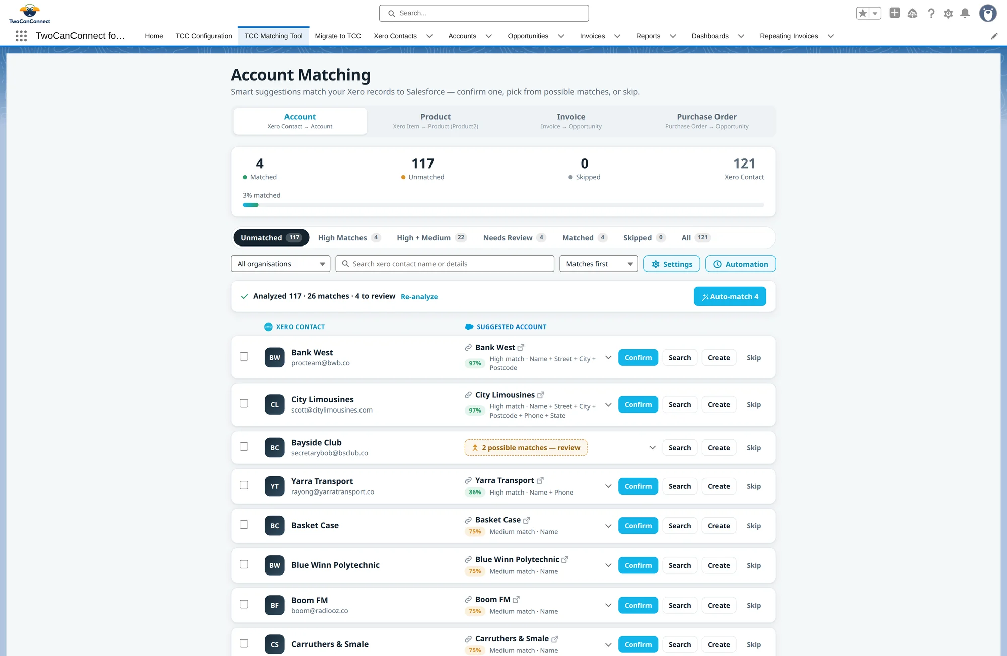 Smart account matching — confirm, pick or skip