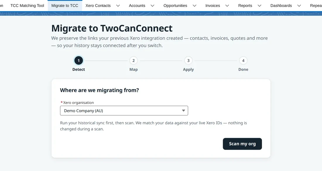 The migration wizard running inside Salesforce